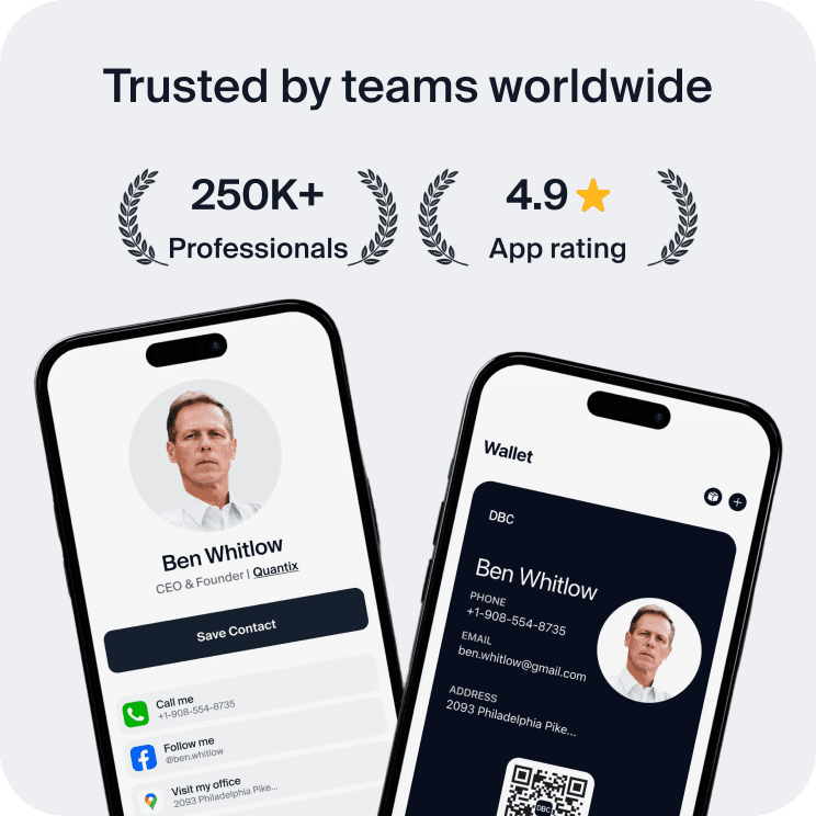 DBC digital business cards on two iPhones — trusted by teams worldwide, 250K+ professionals, 4.9 app rating