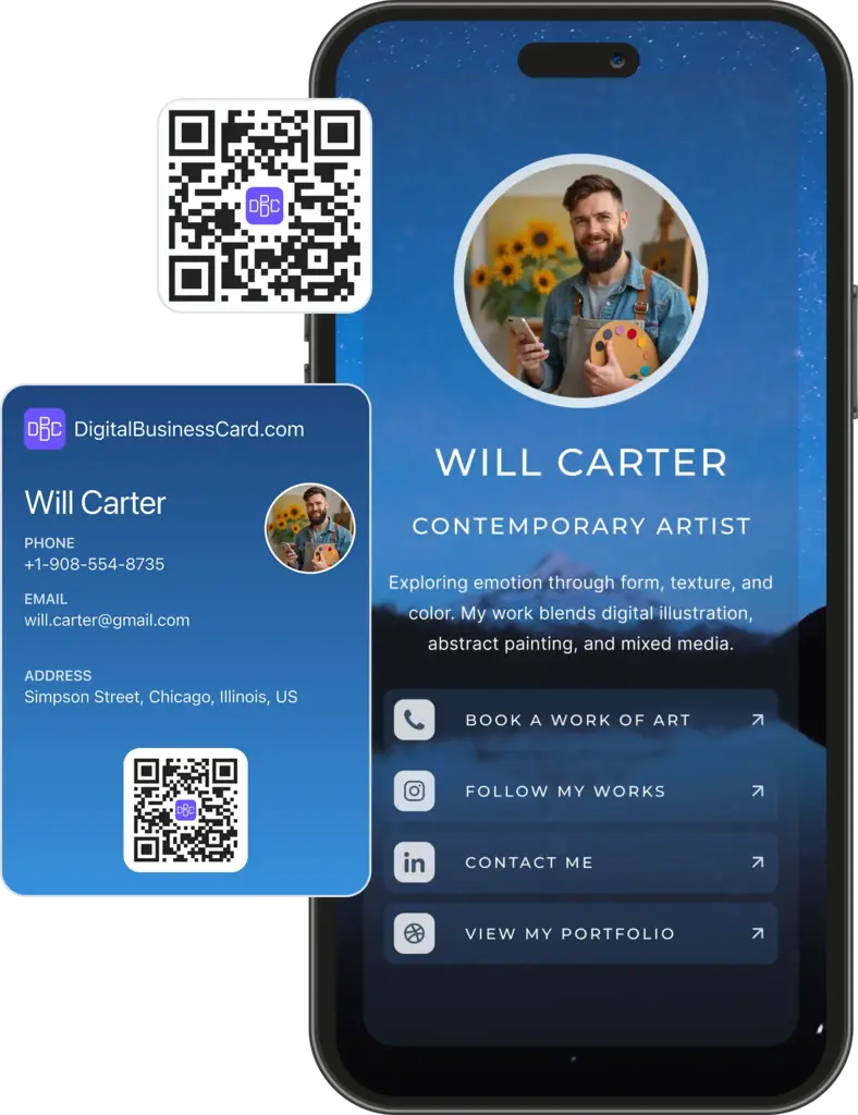 Digital business card preview for visual artist with portfolio gallery and commission info
