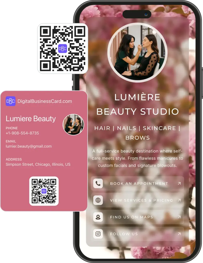 Digital business card preview for beauty salon with service list and appointment scheduler