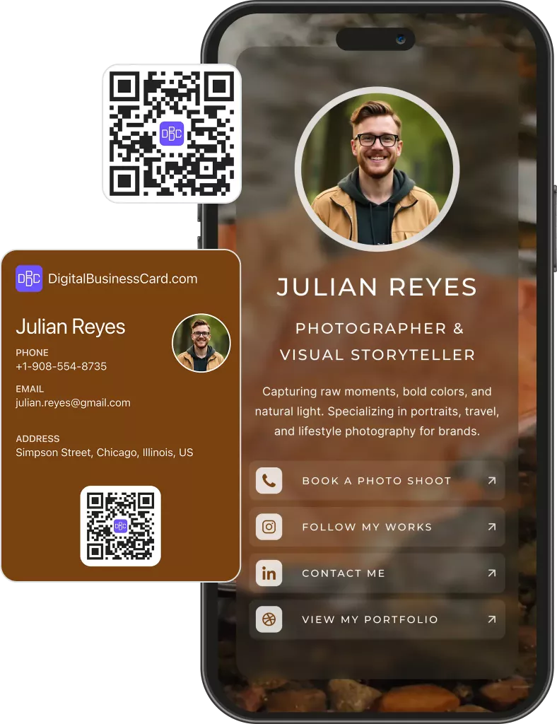 Digital business card preview for photographer with sample work and contact details