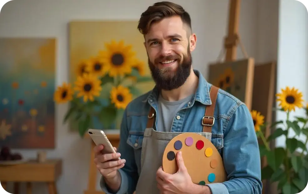 Smiling artist is using digital business card app
