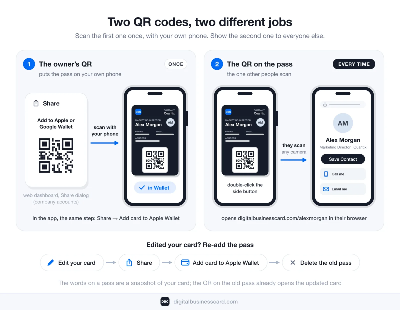 Diagram of the two QR codes in a DBC Apple Wallet setup. Left, the owner’s QR, used once: the Share dialog in the web dashboard (company accounts) shows an “Add to Apple or Google Wallet” code; you scan it with your own phone and the pass lands in your Wallet, and in the app the same step is Share, then Add card to Apple Wallet. Right, the QR on the pass, used every time: you double-click the side button to show the pass, the other person scans it with any camera, and digitalbusinesscard.com/alexmorgan opens in their browser with a Save Contact button. Below, after you edit your card: edit your card, Share, Add card to Apple Wallet, delete the old pass — the words on a pass are a snapshot, while the QR on the old pass already opens the updated card