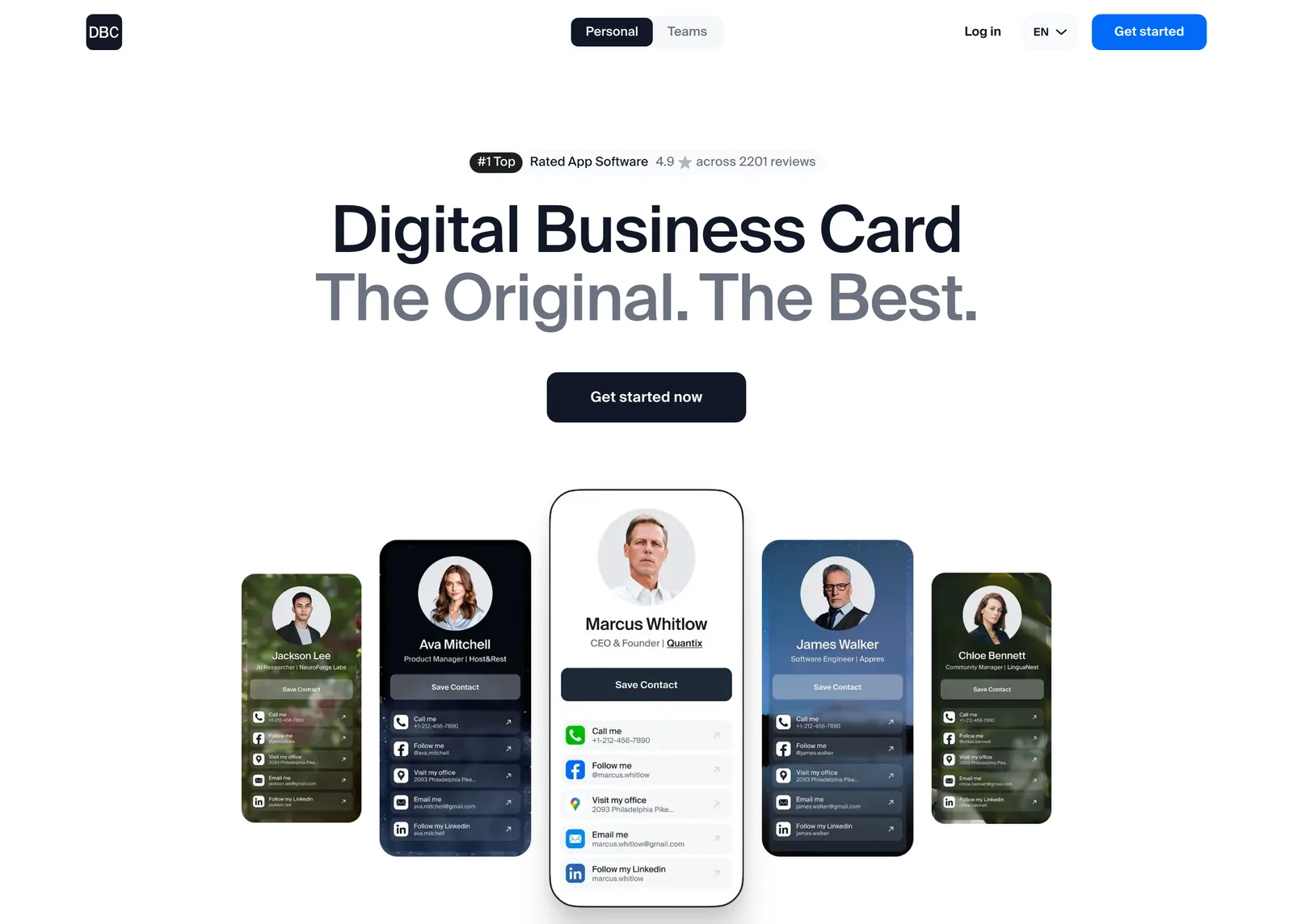 The DBC homepage at digitalbusinesscard.com, showing five finished digital business cards on phone screens with one-tap Save Contact buttons